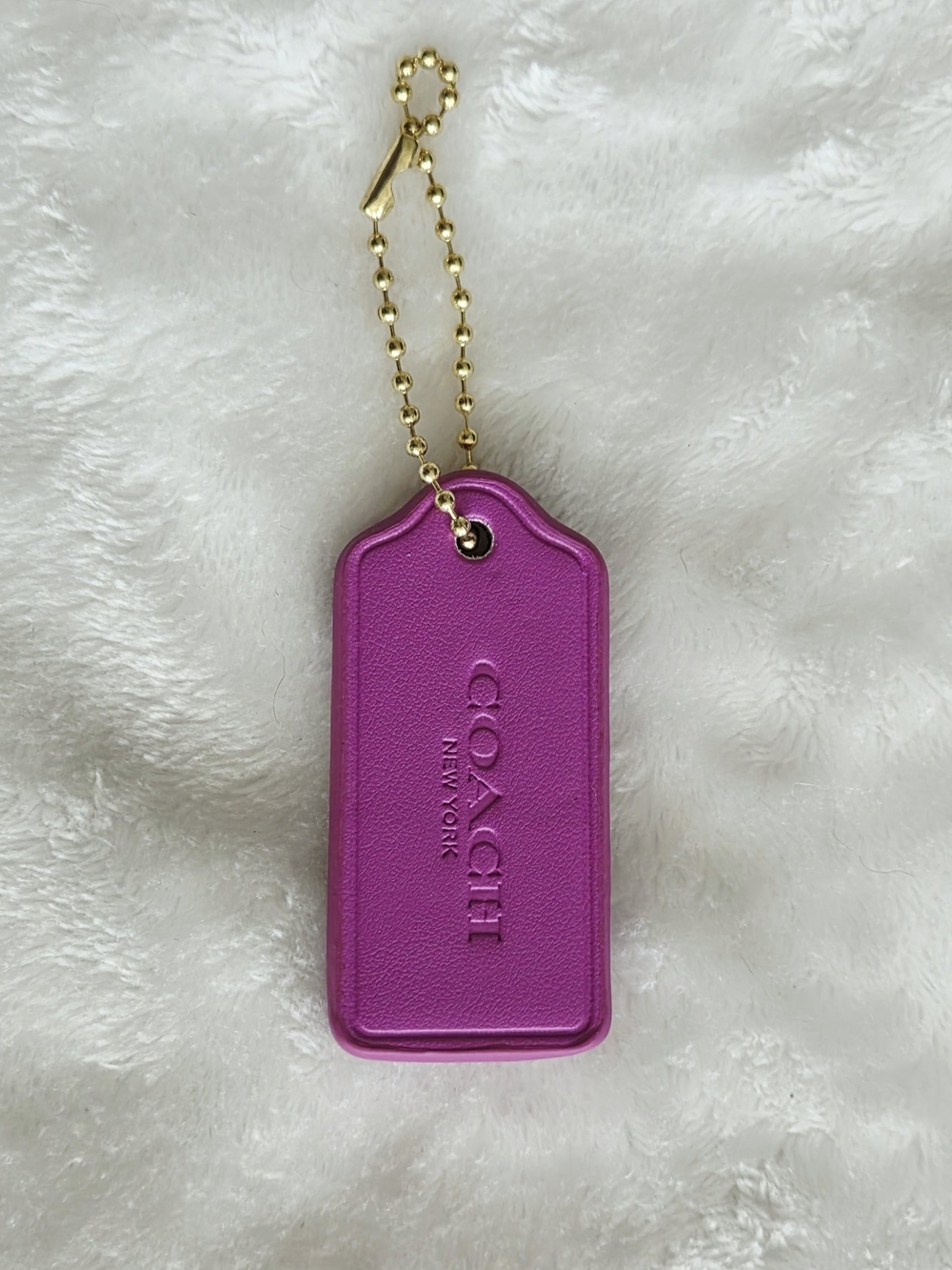 C Logo Fuchsia Leather Tag Keychain with Gold Ball Chain Bag Tag Purse Tag